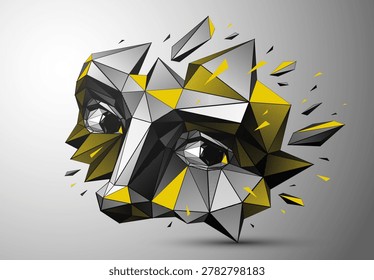 Low poly portrait exploring fear, vulnerability and loss of identity, a human emotional state dissolving inside a digital, fragmented reality of modern world with developing AI technologies.