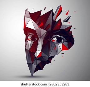 Low poly portrait exploring fear, vulnerability and loss of identity, a human emotional state dissolving inside a digital, fragmented reality of modern world with developing AI technologies.