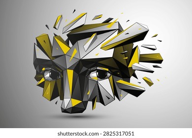 Low poly portrait exploring fear, vulnerability and loss of identity, a human emotional state dissolving inside a digital, fragmented reality of modern world with developing AI technologies.