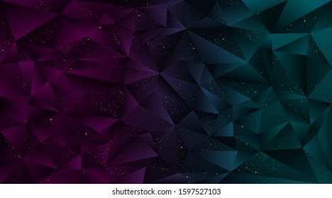 Low poly  purple blue abstract background, polygonal shapes with golden sparkles triangles mosaic, for web and print, dark crystals backdrop with red yellow  and purple neon lights.