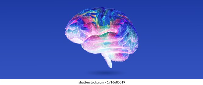 Low poly rainbow color brain with 3D shading style and glowing neon wireframe illustration isolated on bright blue background