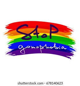 Low poly rainbow .  Handwritten text Stop gomophobia.  Unconventional sexual orientation for LGBT gay and lesbian parade. Geometric polygonal vector