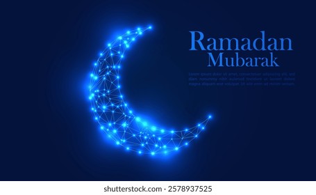 Low Poly Ramadan Mubarak Crescent Moon Illustration with Blue Glowing Geometric 3D Artwork Holy Time

