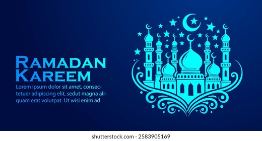 Low Poly Ramadan Mubarak Crescent Moon Illustration with Blue Glowing Geometric 3D Artwork Holy Time