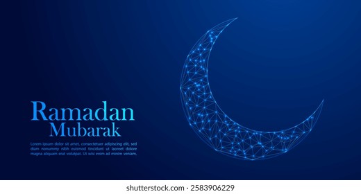 Low Poly Ramadan Mubarak Crescent Moon Illustration with Blue Glowing Geometric 3D Artwork Holy Time
