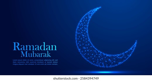 Low Poly Ramadan Mubarak Crescent Moon Illustration with Blue Glowing Geometric 3D Artwork Holy Time