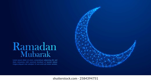 Low Poly Ramadan Mubarak Crescent Moon Illustration with Blue Glowing Geometric 3D Artwork Holy Time