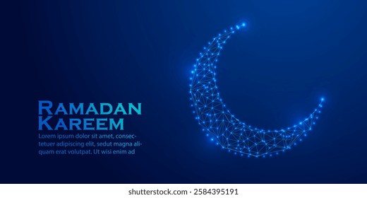 Low Poly Ramadan Mubarak Crescent Moon Illustration with Blue Glowing Geometric 3D Artwork Holy Time
