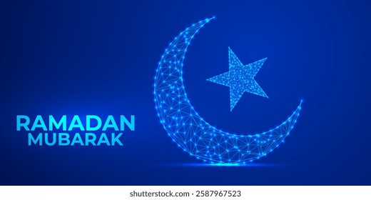 Low Poly Ramadan Mubarak Crescent Moon Illustration with Blue Glowing Geometric 3D Artwork Holy Time