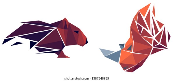 Low poly rat and rhinoceros. Geometric logo