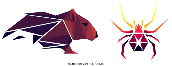 Low poly rat and spider. Geometric logo
