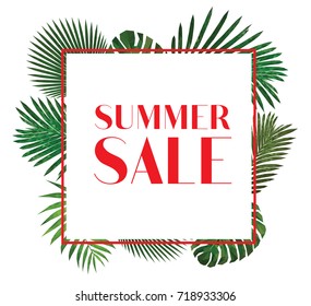 Low poly rectangle frame  palm leaves, green summer tropical polygonal background with exotic and plants. Vector advertising background. Polygonal modern style, fresh view, flat design, isolated.