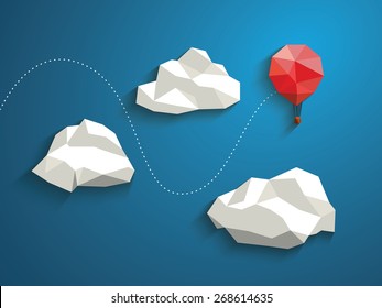 Low poly red balloon flying between polygonal clouds in the sky. Business concept for new projects or traveling. Eps10 vector illustration