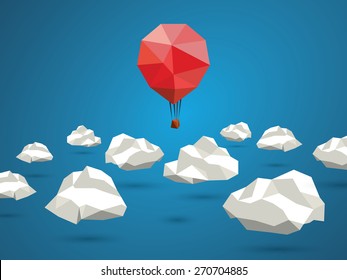 Low poly red balloon flying between polygonal clouds in the sky. Business concept for new projects or traveling. Eps10 vector illustration