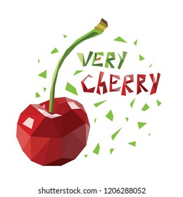 Low poly red cherry on white background. Poligonal vector illustration.