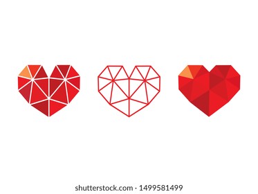 Low poly red  heart icon set, love symbol collection - Vector