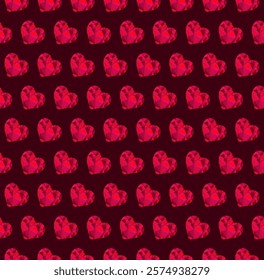 Low poly red hearts arranged in a seamless pattern creating a uniform and structured design. A balance of bold and refined elements achieved through vivid colors and intricate details. 