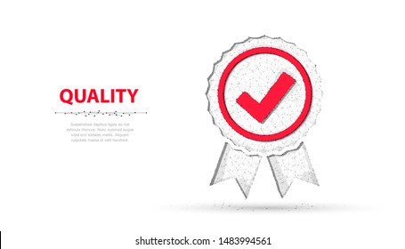 Low Poly Red Quality Icon Check Isolated On White. Quality Guarantee, Premium Choice, Good Product, Choose Warranty Concept Illustration Or Background