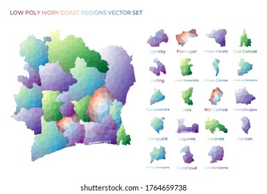 Low poly regions of Ivory Coast. Polygonal map of Ivory Coast with regions. Geometric maps for your design. Modern vector illustration.