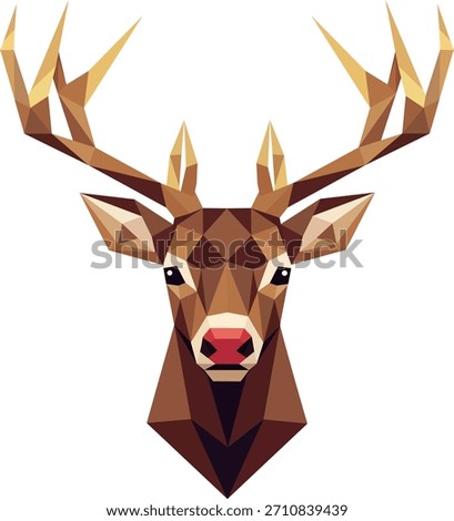 Low poly reindeer head with red nose and big antlers in modern geometric polygon style. Cute Christmas deer vector illustration with transparent background. Perfect for Rudolph the reindeer designs