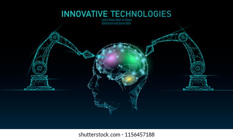 Low poly robot android brain machine learning. Innovation technology artificial intelligence human cyborg smart data. Virtual reality digital danger warning polygonal business technology concept.