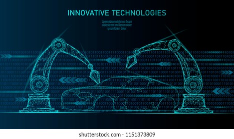 Low poly robotic arm assembly car automation technology. Industrial business factory robot machine welder. Auto body welding android hand polygon blue triangle geometric vector illustration