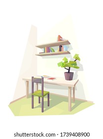 low poly room interior workplace wooden desk chair plant bookshelf book vector illustration