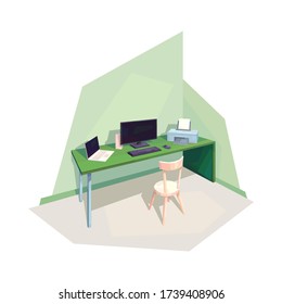 sala de polígono baja interior escritorio silla redonda computadora portátil impresora de teclado pantalla de ratón ilustración vectorial