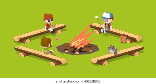 Low poly rough wooden benches around the campfire. 3D lowpoly isometric vector concept illustration