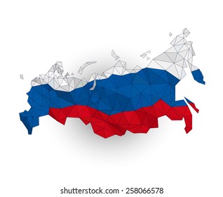 Karte mit Low-Poly-Russland auf einer schwenkbaren Flagge