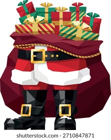 Low poly Santa Claus gift sack full of colorful Christmas presents with golden belt and black boots. Modern geometric polygon style vector illustration, isolated on transparent background