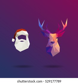 Low poly Santa and reindeer. Flat design vector illustration.