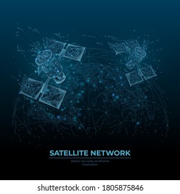 Low poly satellites in space and Earth view isolated in blue. Global internet communications, satellite network concept. Abstract vector mesh wireframe consisting of lines, dots and flying particles
