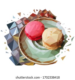 A low poly saucer of macarons cakes on a mosaic table. French dessert made from polygons on plate. polygonal graphics. vector illustration