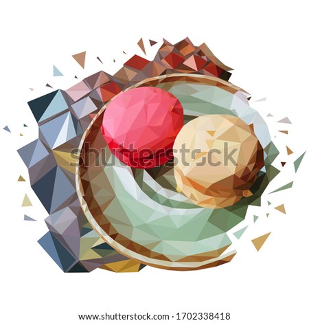 A low poly saucer of macarons cakes on a mosaic table. French dessert made from polygons on plate. polygonal graphics. vector illustration