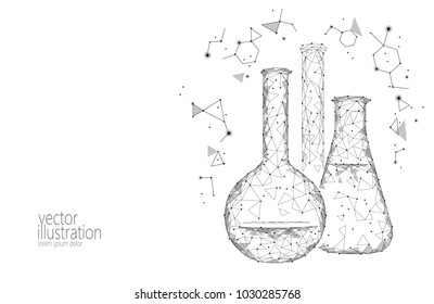 Low poly science chemical glass flasks. Magical equipment polygonal triangle gray white monochrome abstract research future technology business medicine concept vector illustration