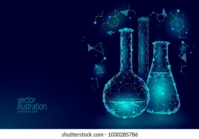 Low poly science chemical glass flasks. Magical equipment polygonal triangle blue glowing research future technology business medicine concept vector illustration