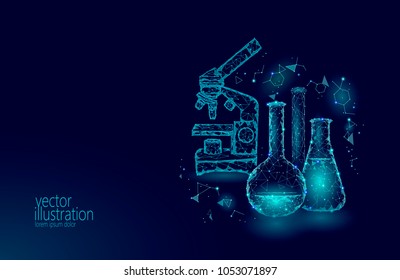 Low poly science chemical glass flasks. Magical equipment microscope zoom lens polygonal triangle blue glowing research future technology business medicine concept vector illustration