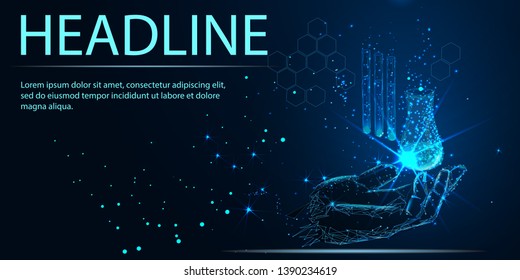 Low poly science chemical glass flasks. Magical equipment polygonal triangle blue glowing research future technology business medicine concept vector illustration. Headline
