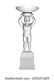 Low poly sculpture model of a boy holding a large bowl on his head isolated on a white background. Front view. 3D. Vector illustration.