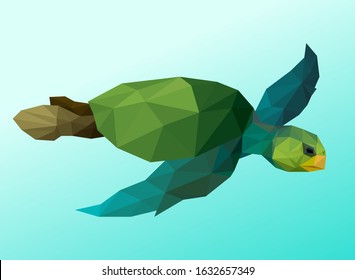 Low Poly Sea Turtle Detailed Vector Illustration. Marine Animal Art For Postcards And Collage Design. Rare Species for Eco and Ecology Awareness Poster