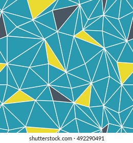Low poly seamless repeat pattern. Triangular facets. Vector pattern. Wireframe Background Blue and Yellow Seamless Pattern.