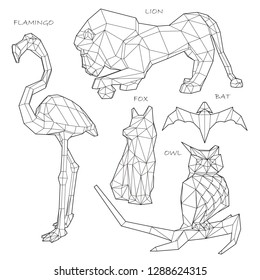 low poly set geometric animals: flamingo, lion, fox, bat, owl, vector graphic  illustration on white background