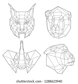 low poly set portrait geometric animals: , lynx, lion, lion in profile, elephant, vector graphic  illustration on white background