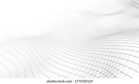 Forma de polos baja con puntos negros y líneas conectados sobre el fondo de la luz.Resumen del fondo del espacio blanco poligonal. Onda dinámica de partículas. Visualización de grandes datos 3D. El paisaje digital.