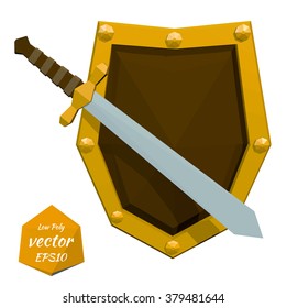Low poly shield and sword on white background. Vector illustration