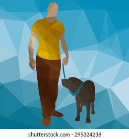 low poly silhouette dog training on a blue background