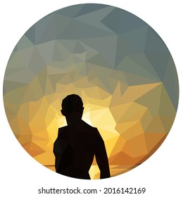 Low poly silhouette of man watching sunset over the sea in a circle. Vector print of polygonal young man and sea for logo, print, cover, badge, icon design. Low poly male silhouette and sea sunset.