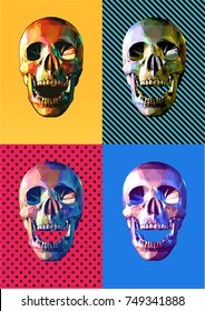 Low poly skull front view open mouth pose colorful four pop art style 