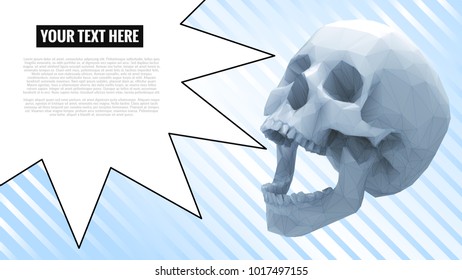 Low poly skull with speech bubble for warning text on light blue stripe background